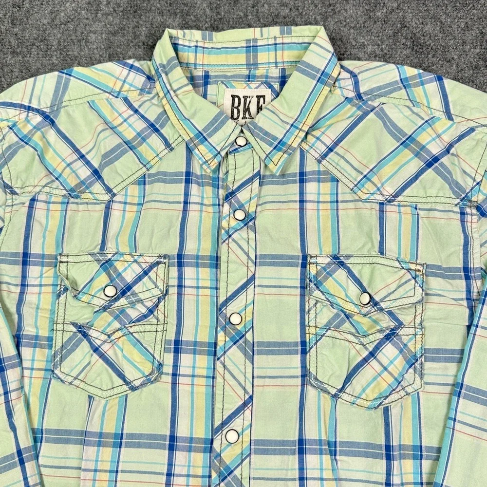 BKE Vintage Western Shirt Mens XL Athletic Fit Plaid Pearl Snap Cowboy Buckle